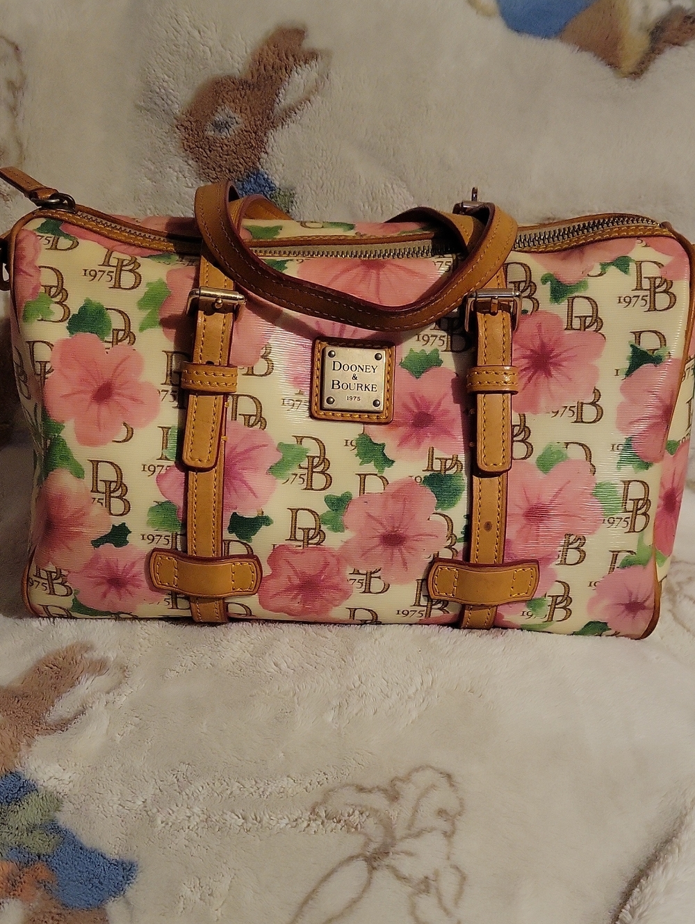 Dooney & Bourke Pink Floral Canvas Satchel with Tan Trim